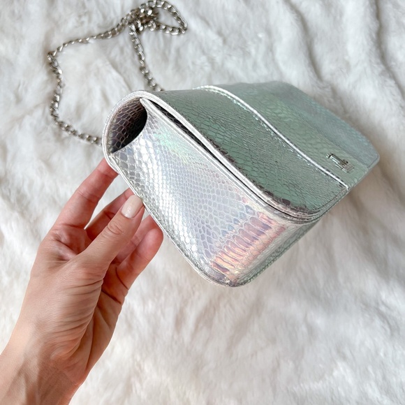 $495 NEW Loriblu Italy Leather Silver AB Reptile Finish Medium Shoulder Bag - Picture 10 of 16